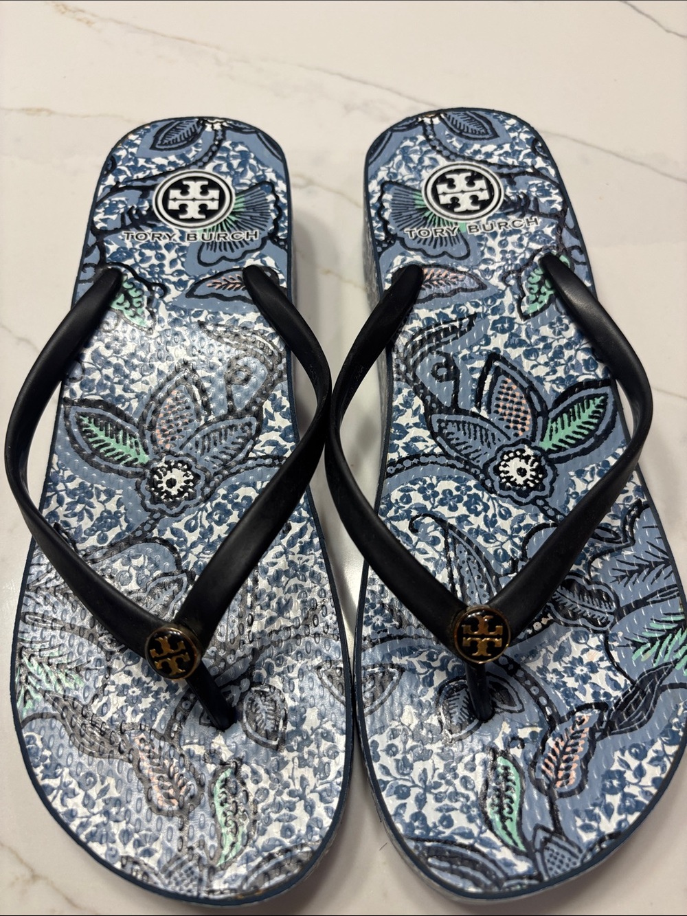 Tory Burch Blue Floral Logo Thong Sandals